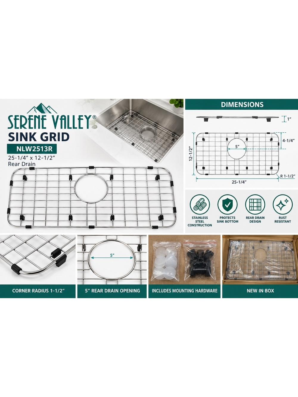 Serene Valley NLW2513R 25-1/4 x 12-1/2 Stainless Steel Sink Grid Rear Drain